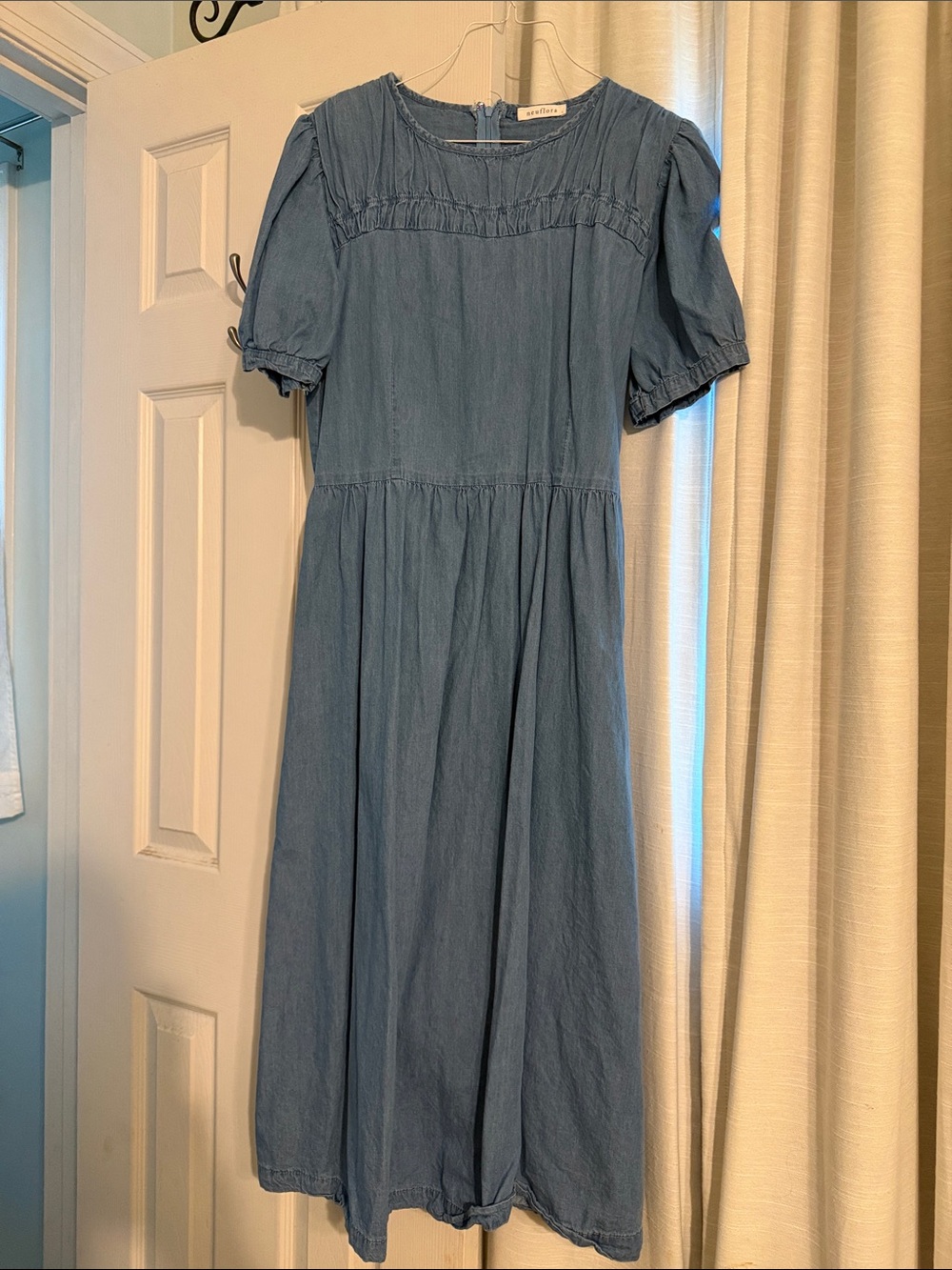 Light Blue Midi Denim Dress with Puff Sleeves